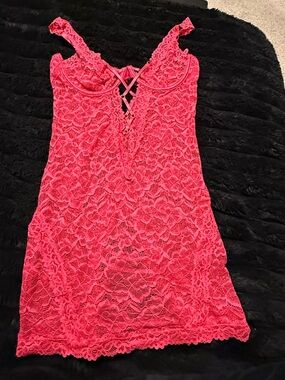 Lace Slip Dress with Crisscross Front - Hot Pink